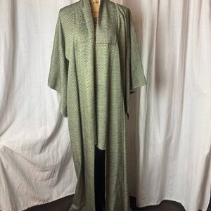 Vintage Authentic Japanese Long Silk Kimono Green Shell Print One Size